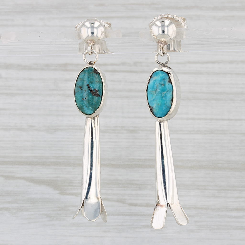 Light Gray Native American Squash Blossom Turquoise Dangle Earrings Sterling Silver Vintage