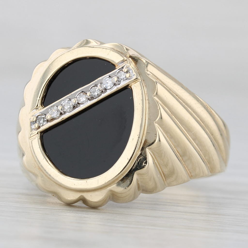 Light Gray Diamond Onyx Signet Ring 10k Yellow Gold Size 10.5