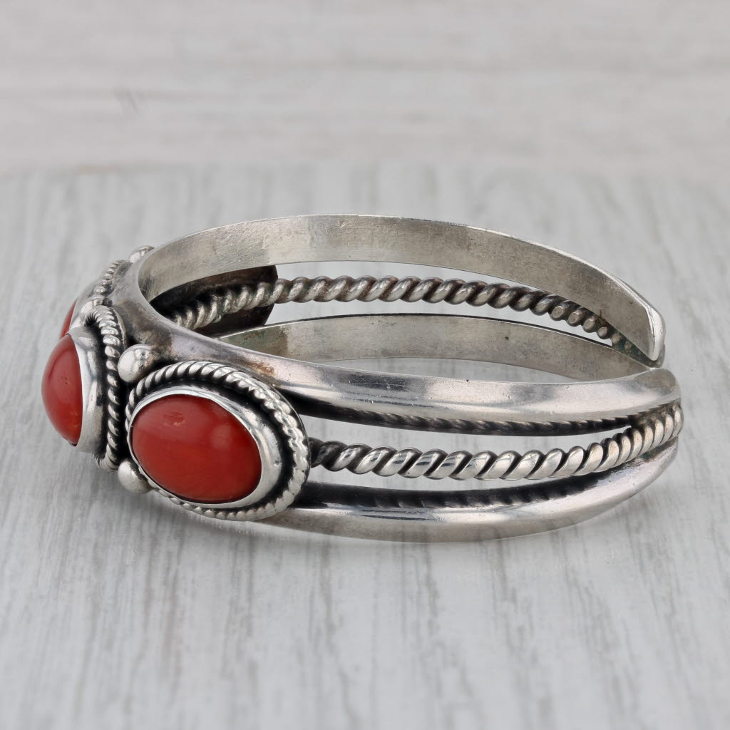 Gray Vintage Native American Red Coral Cuff Bracelet Sterling Silver 6"