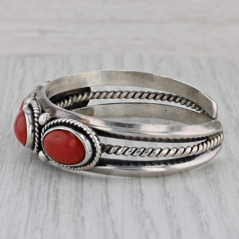 Vintage Native American Red Coral Cuff Bracelet Sterling Silver 6"
