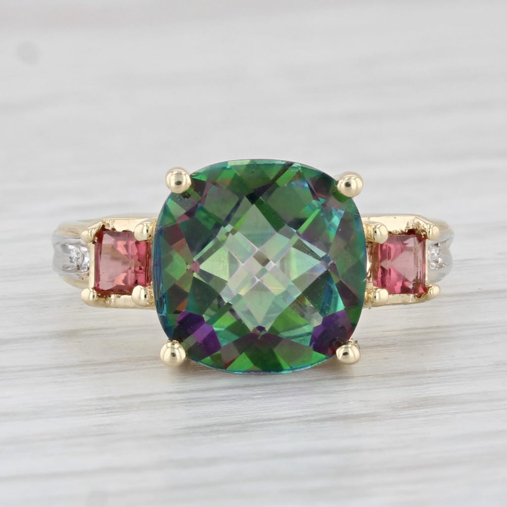 Light Gray 5.76ctw Mystic Topaz Pink Tourmaline Diamond Ring 10k Yellow Gold Size 6