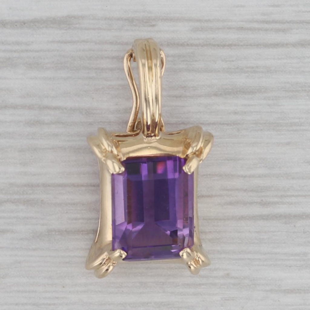 Gray 2.25ct Emerald Cut Amethyst Solitaire Pendant 14k Yellow Gold Clip Bail