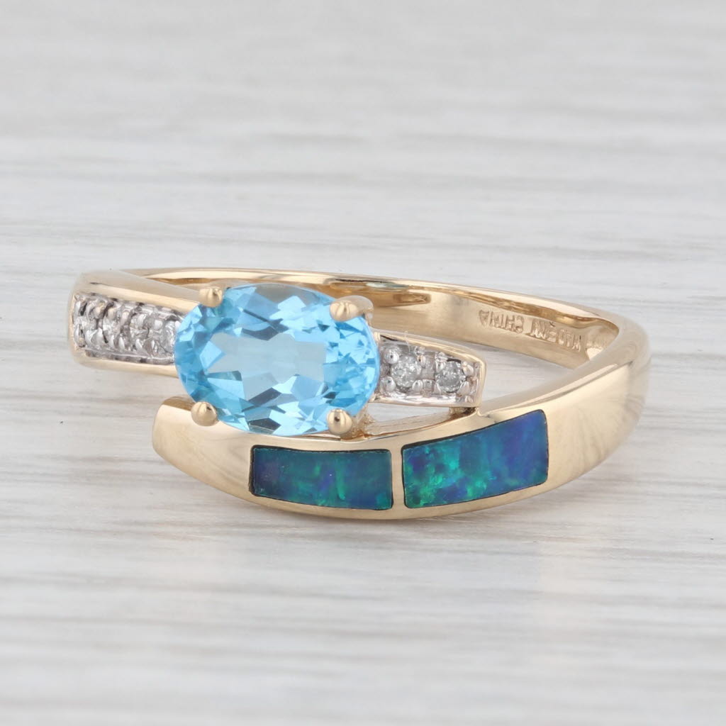 Light Gray 1.03ctw Blue Topaz Diamond Opal Bypass Ring 14k Yellow Gold Size 7