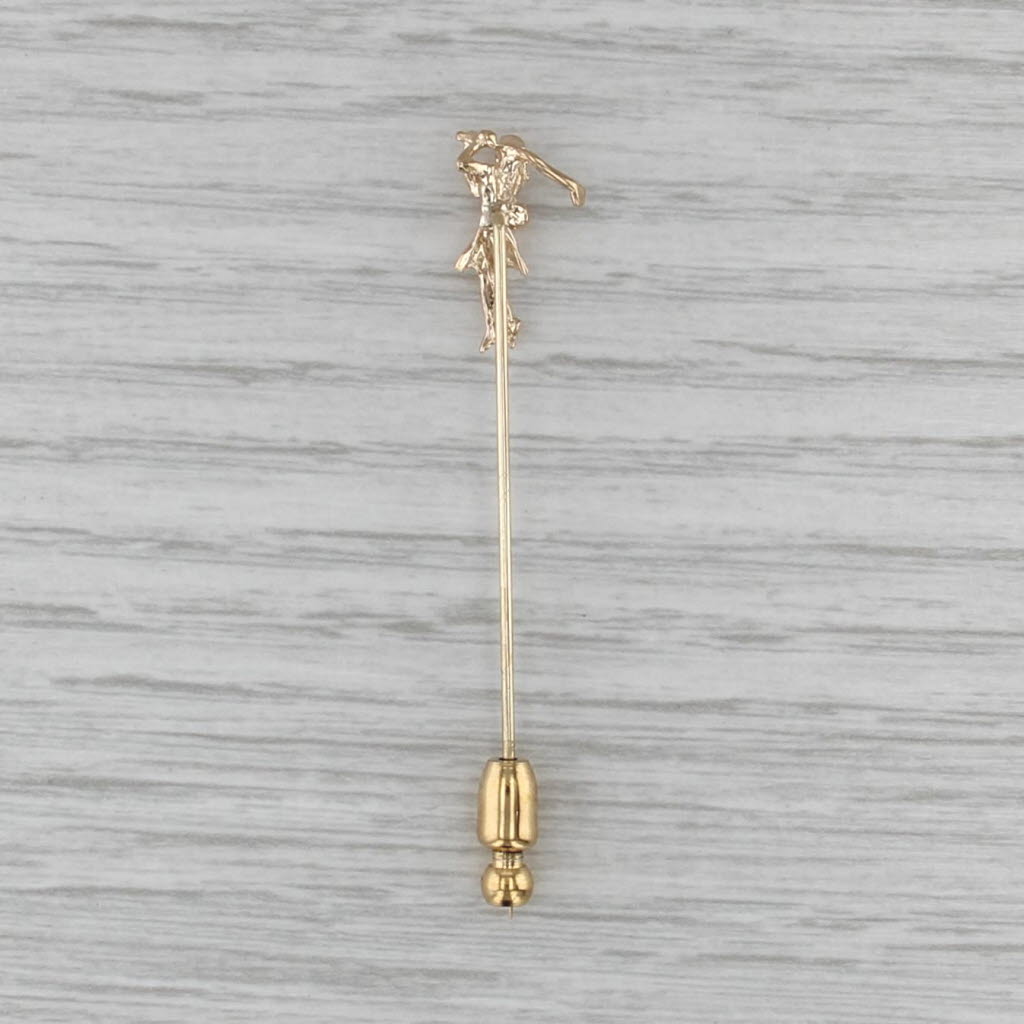 Retro Female Golfer Stickpin 14k Yellow Gold Diamond Pin
