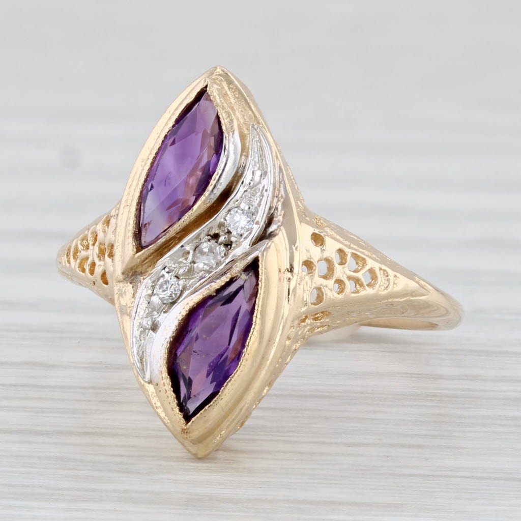 Light Gray 0.73ctw Amethyst Diamond Ring 14k Yellow Gold Filigree Size 7