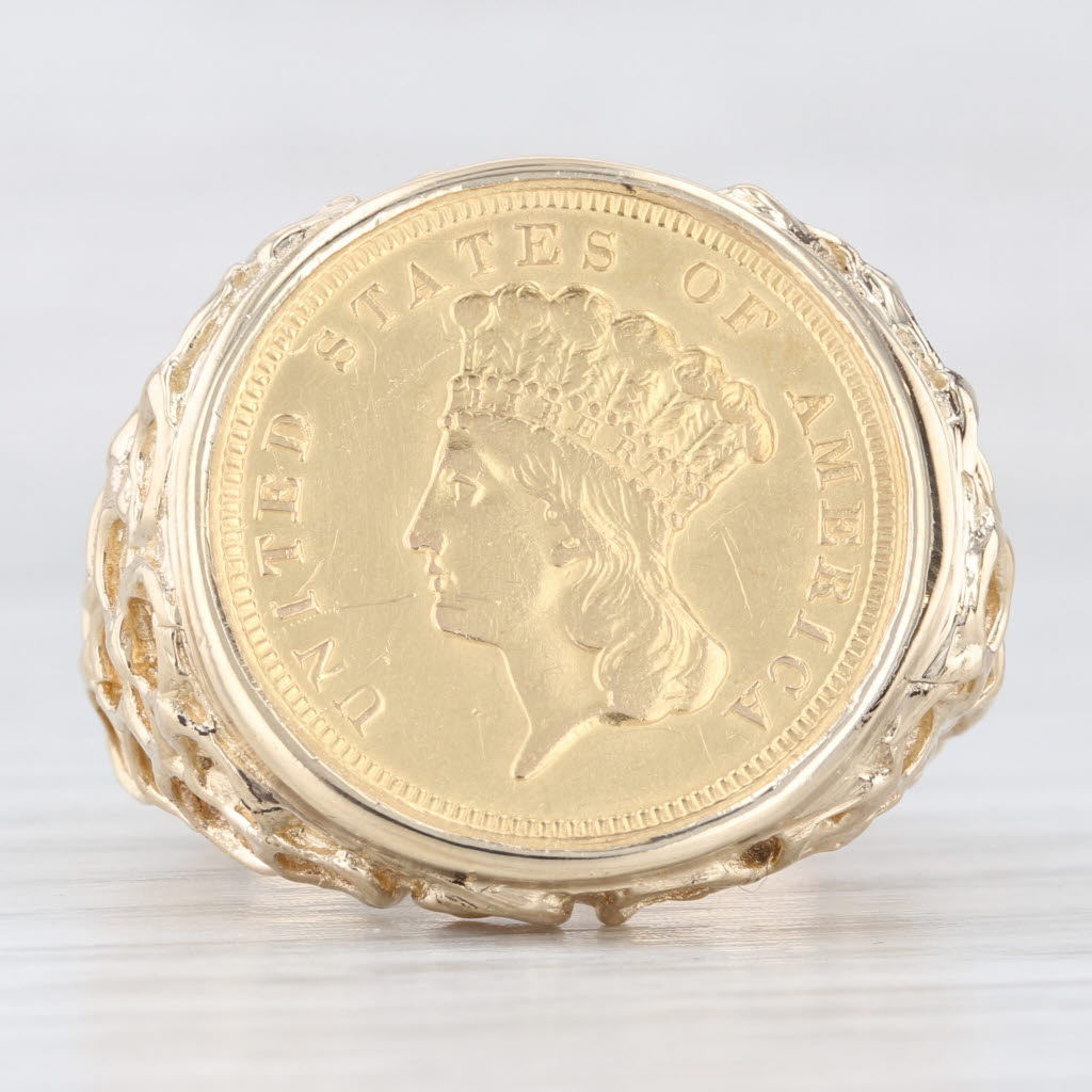 Light Gray Genuine 1857 $3 Gold Coin Nugget Ring 14k 900 Yellow Gold Size 11.5 Men's Signet