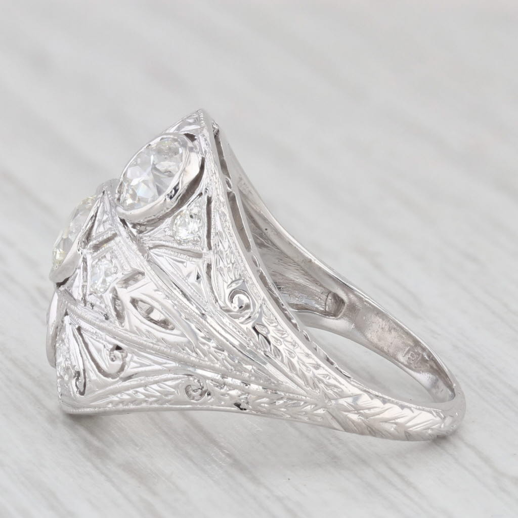 Light Gray Antique 1.66ctw Diamond 3-Stone Ring 18k White Gold Filigree Size 5.5