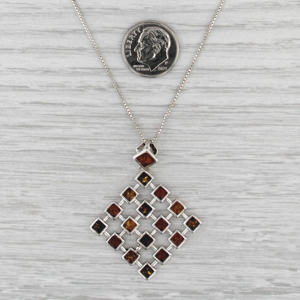 Multicolor Amber Pendant Necklace Sterling Silver 18" Box Chain Statement