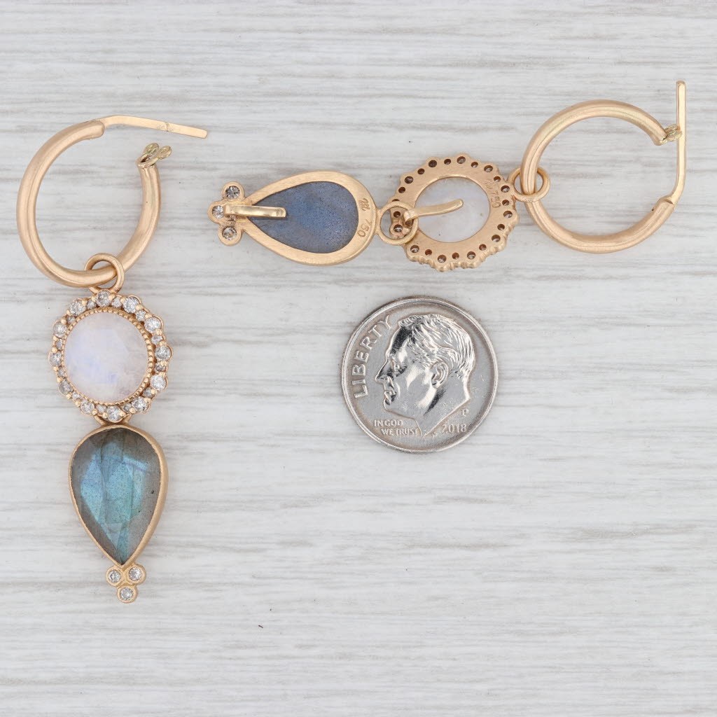 New Nina Wynn Hoop Earrings 18k Gold Labradorite Moonstone Diamond Charms