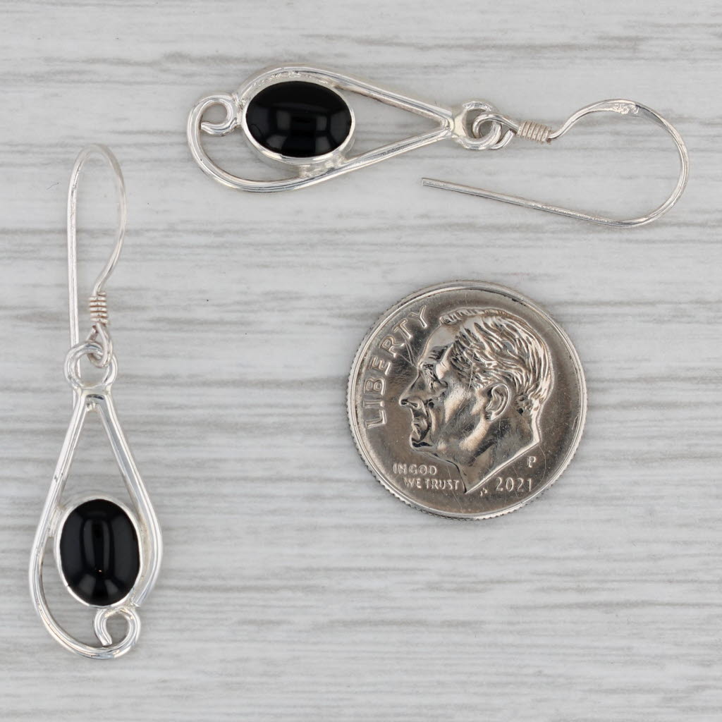 Gray Onyx Oval Cabochon Dangle Earrings Sterling Silver Hook Posts