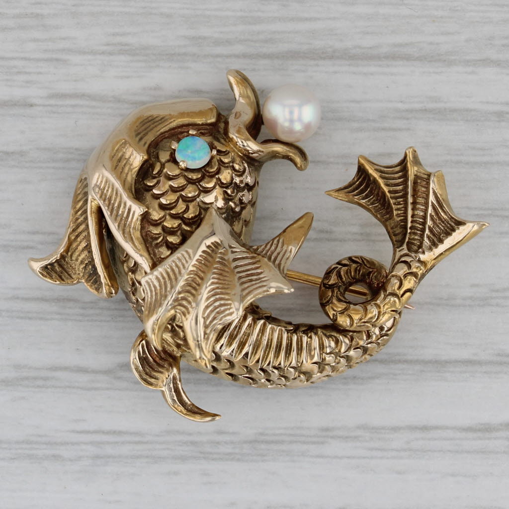 Dark Gray Vintage Ornate Winged Flying Fish Opal Cultured Pearl Brooch 14k Gold Pin