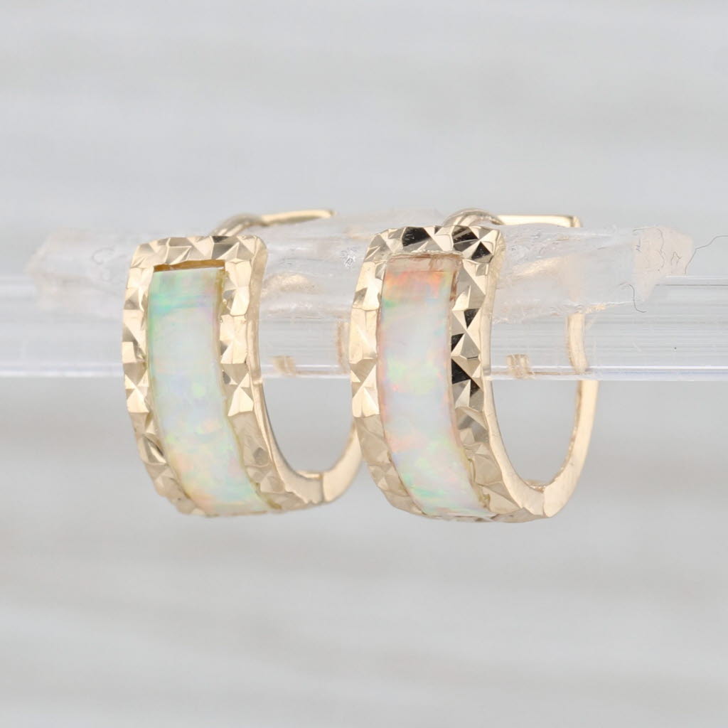 Lab Created Opal Small Hoop Huggie Earrings 14k Yellow Gold Snap Top Hoops