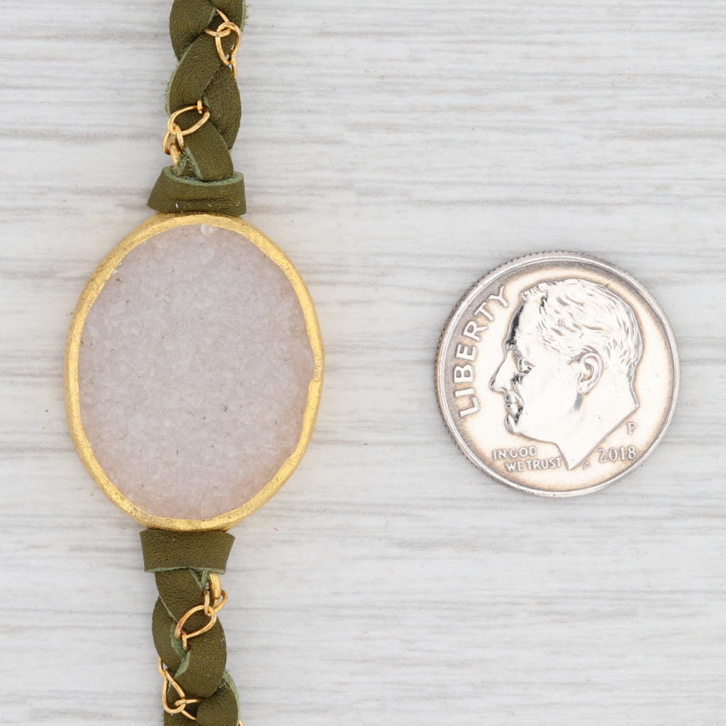 New Nina Wynn Cordelia Necklace Woven Green Leather White Druzy Quartz