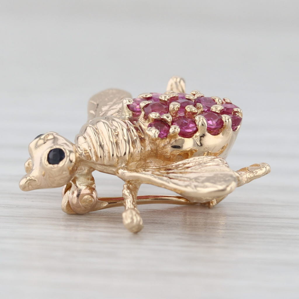 0.58ctw Ruby Sapphire Bee Pin 14k Yellow Gold Brooch Insect Jewelry