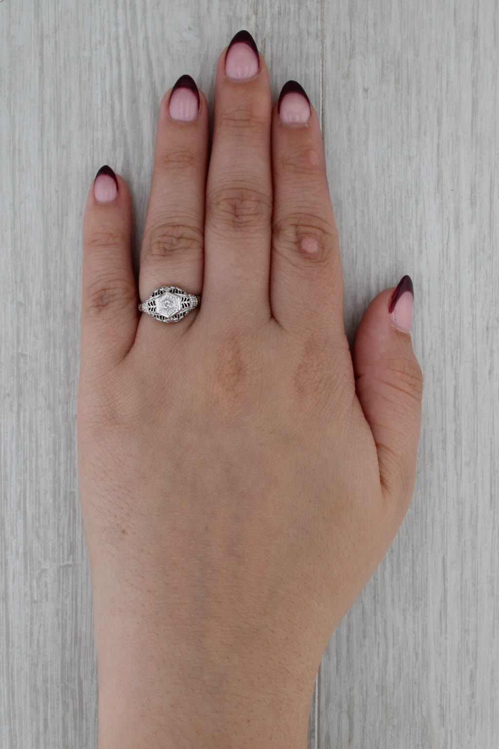 Art Deco Diamond Solitaire Filigree Ring 18k White Gold Size 6.5 Engagement