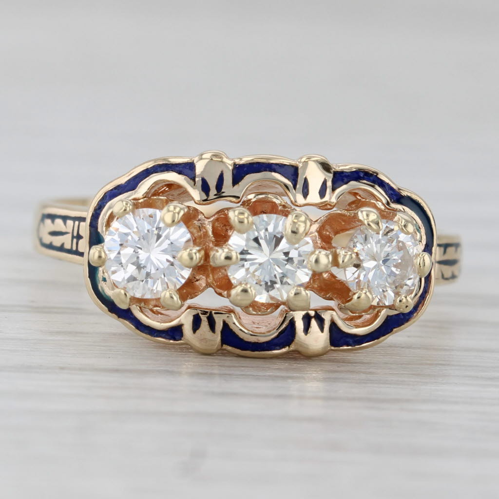 Gray Vintage 0.75ctw Round Brilliant 3-Stone Ring 14k Yellow Gold Enamel