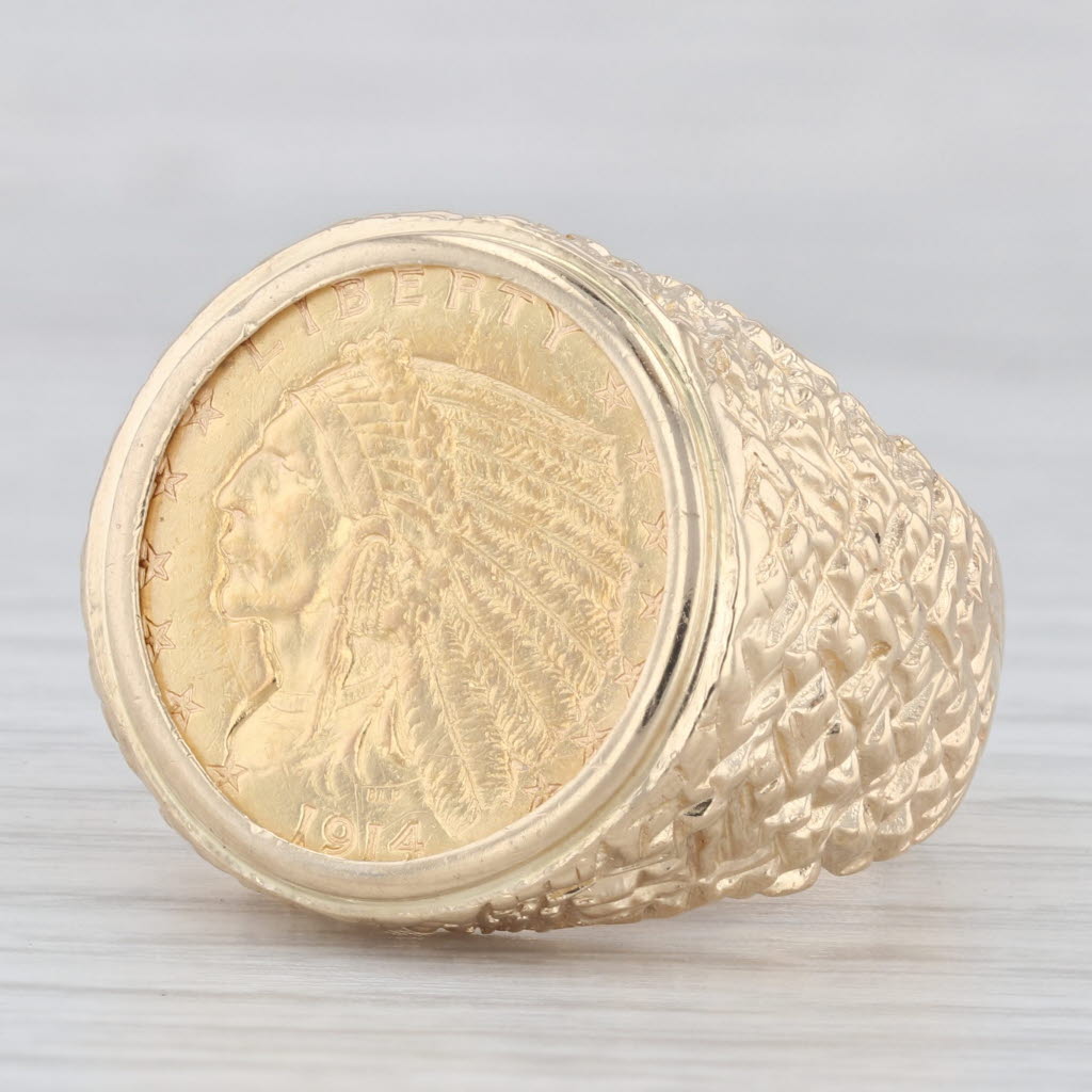 Light Gray Authentic 1914 Indian Head $2.50 Gold Coin Ring 14k 900 Yellow Gold Size 10.75