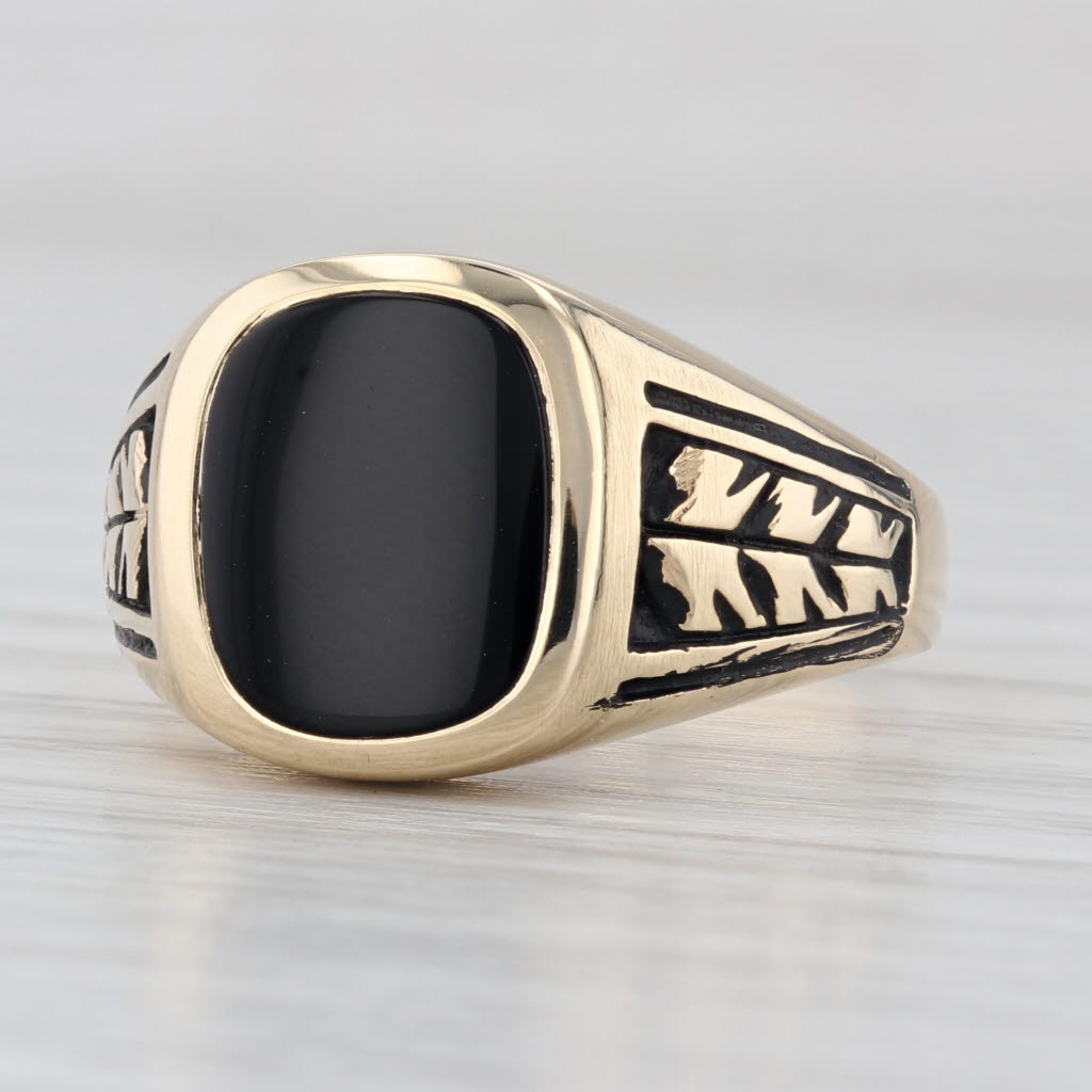 Vintage Onyx Signet Ring 14k Yellow Gold Size 10 Ornate Leaf Accents