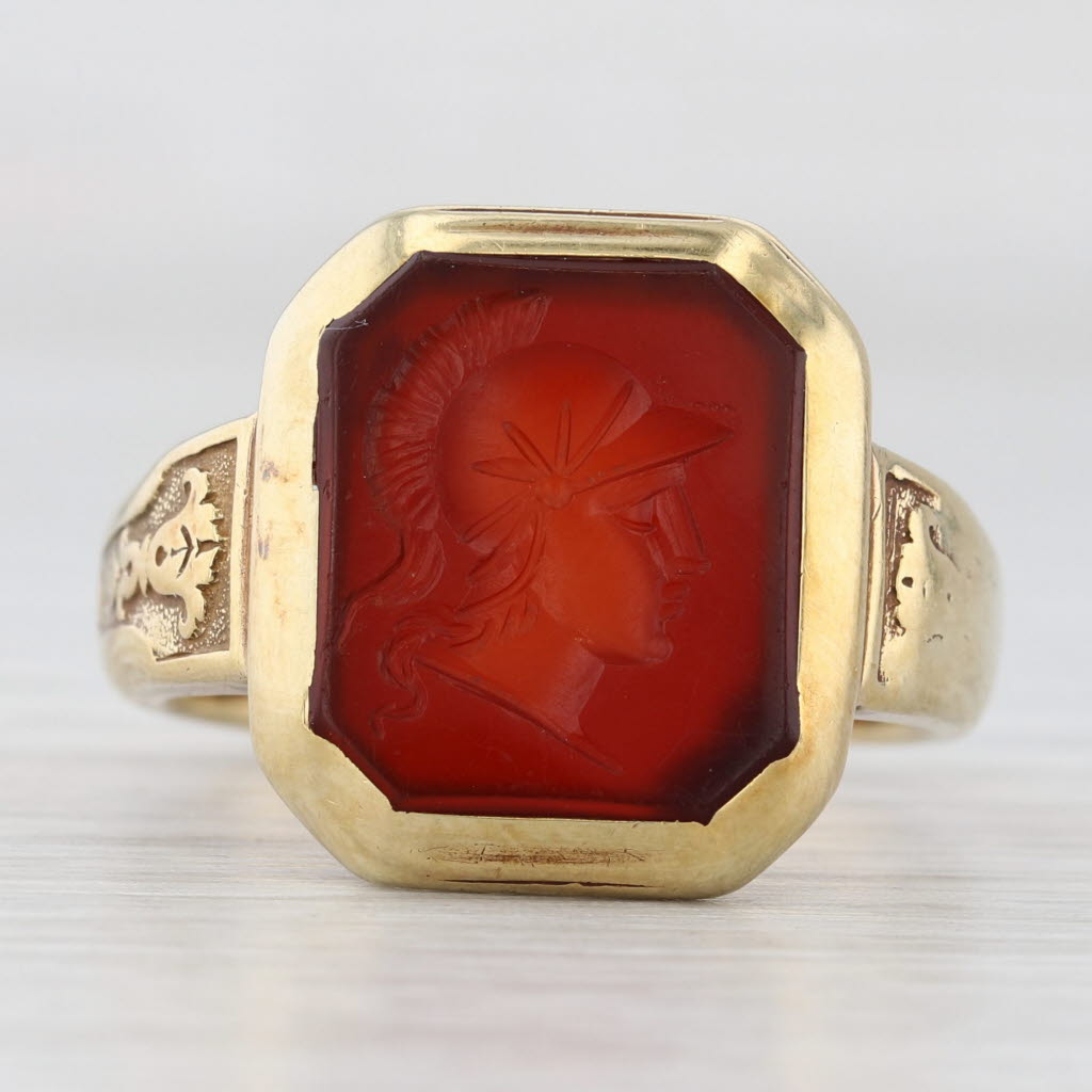 Saddle Brown Antique Intaglio Carnelian Ring 14k Yellow Gold Men's Signet