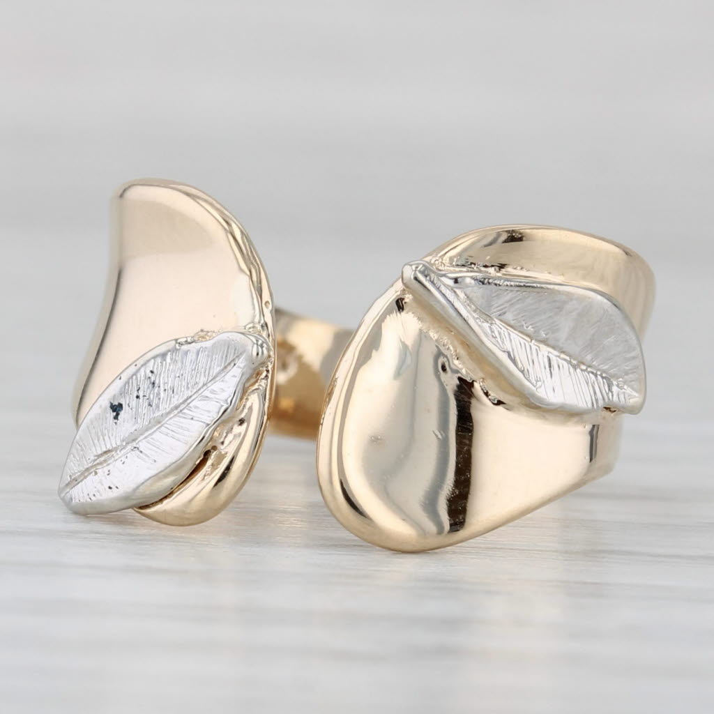 Light Gray White Yellow Gold Leaf Ring 14k Adjustsable Band Size 5 +