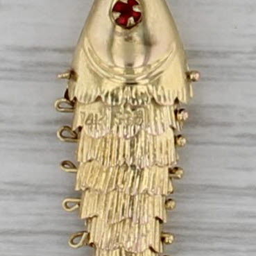 Articulating Fish Pendant 14k Yellow Gold Charm Red Glass Eye