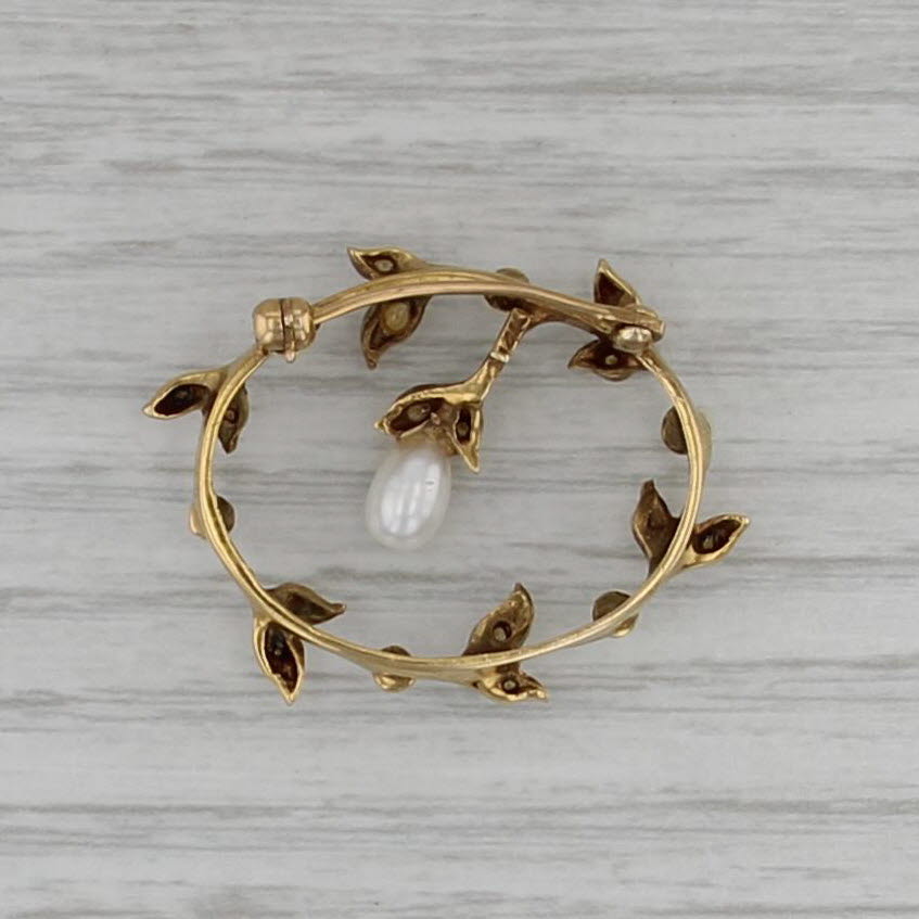 Vintage Seed Pearl Wreath Brooch 14k Yellow Gold Pin