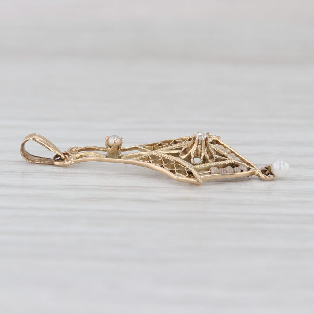Vintage Cultured Pearl Diamond Lavalier Pendant 10k Yellow Gold Art Deco