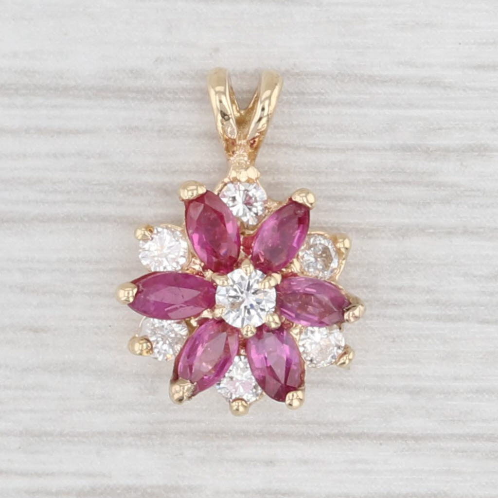 Light Gray 0.82ctw Ruby Diamond Flower Pendant 14k Yellow Gold Small Drop