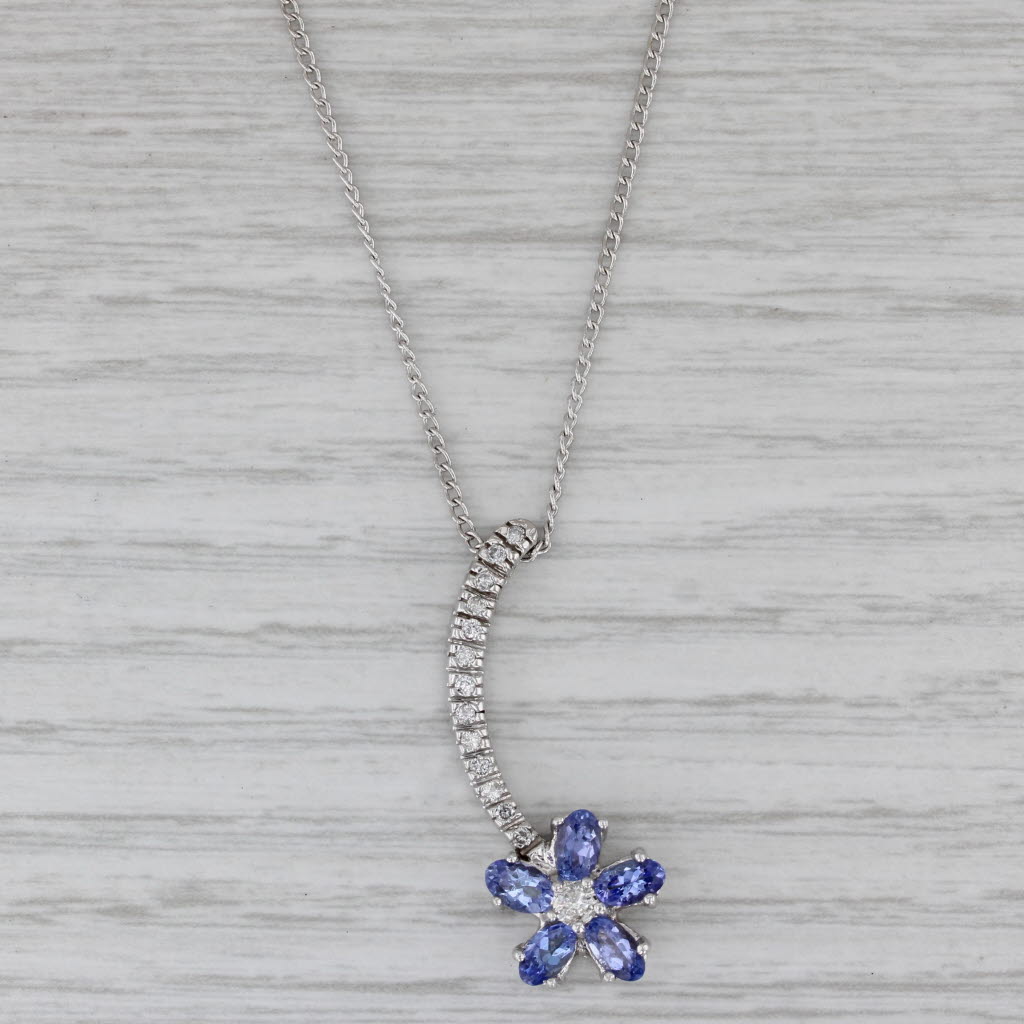 Gray 1.50ctw Tanzanite Diamond Flower Pendant Necklace 14k White Gold 18" Curb Chain