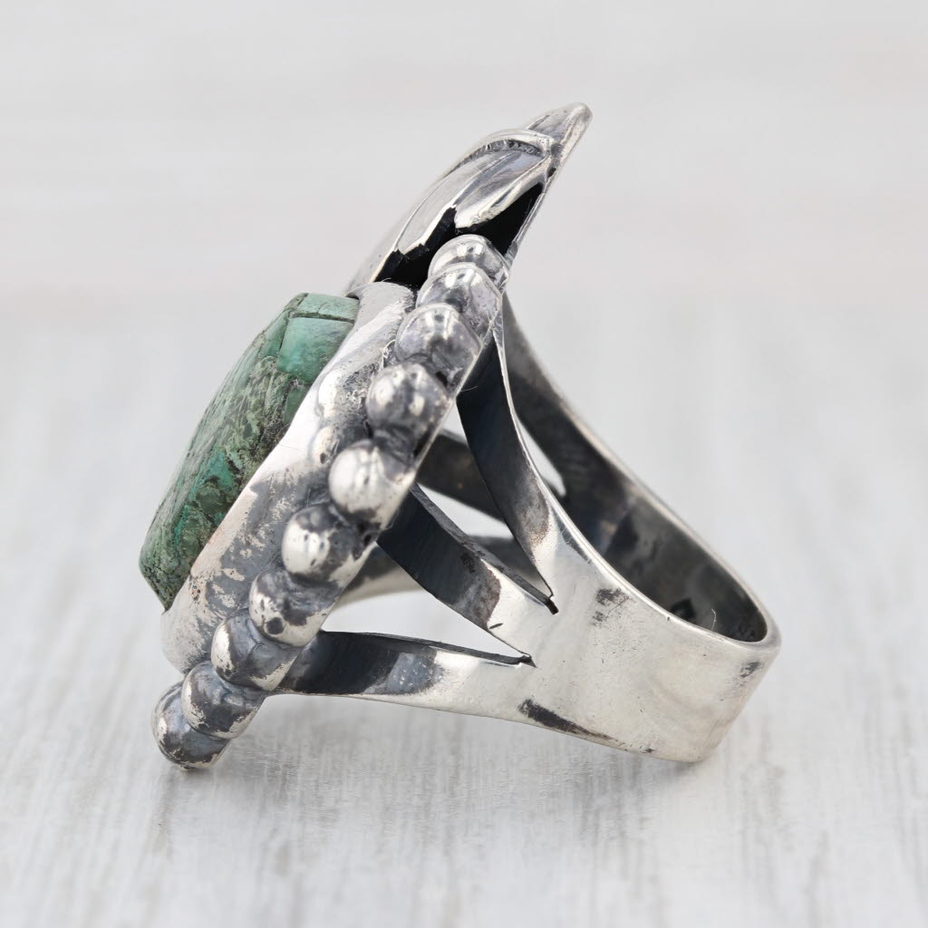 Vintage Green Copper Mineral Resi Feather Ring Sterling Silver Size 6.25