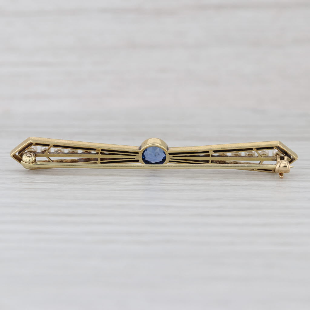 Vintage Lab Created Sapphire Pearl Bar Pin 14k Yellow Gold Brooch