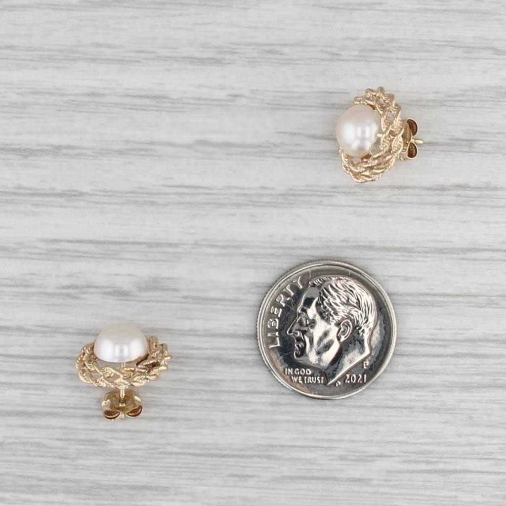 Saltwater Cultured Pearl Rope Frame Stud Earrings 14k Yellow Gold Round Studs