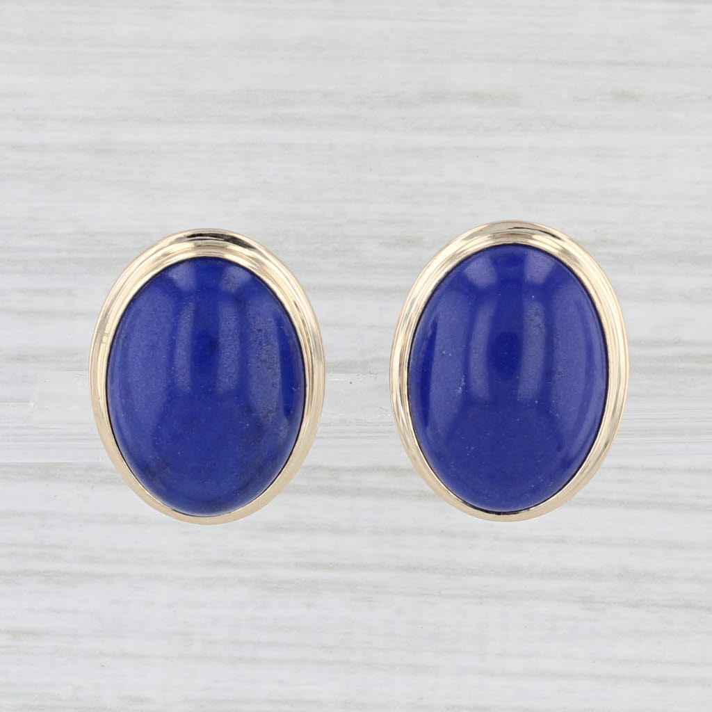 Light Gray Ming's Blue Lapis Lazuli Drop Earrings 14k Yellow Gold Oval Cabochon Omega Backs