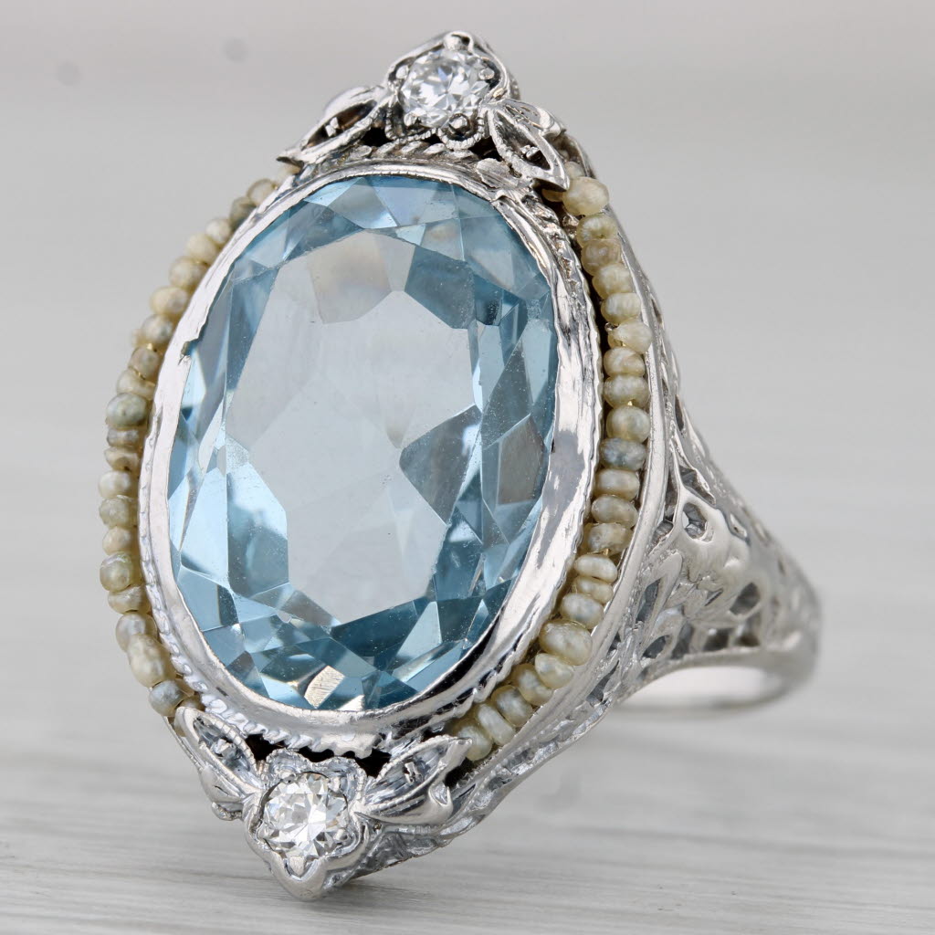 Gray Vintage Lab Created Blue Spinel Diamond Pearls Filigree Ring 14k White Gold Sz 6