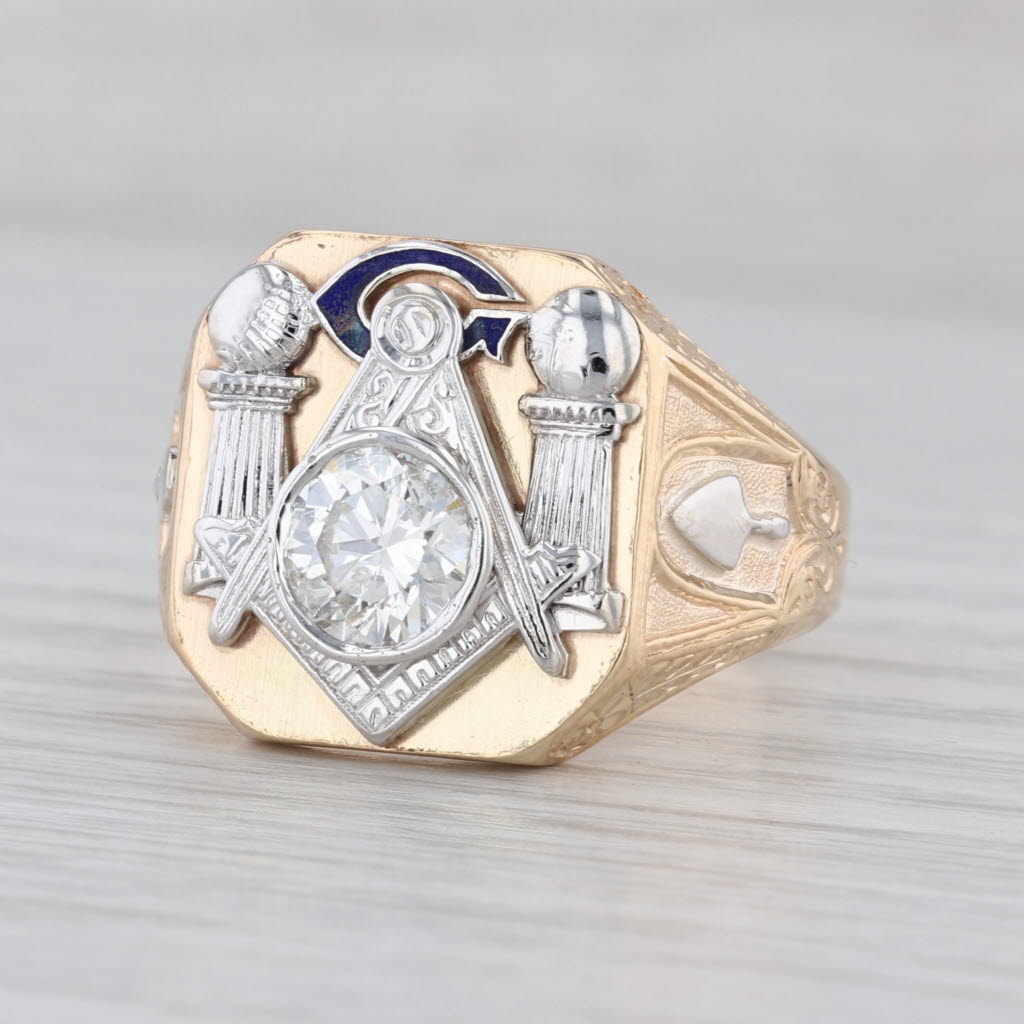 1.31ct Diamond Masonic Signet Ring 14k Gold Size 12.5 Square Compass Blue Lodge