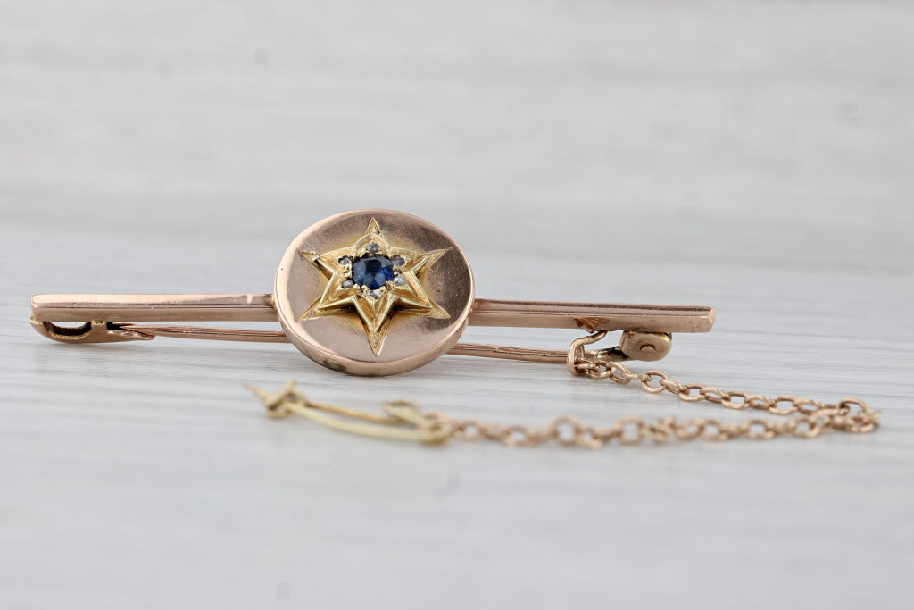 Light Gray Antique 0.21ct Sapphire Diamond Star Bar Pin 10k Rose Gold