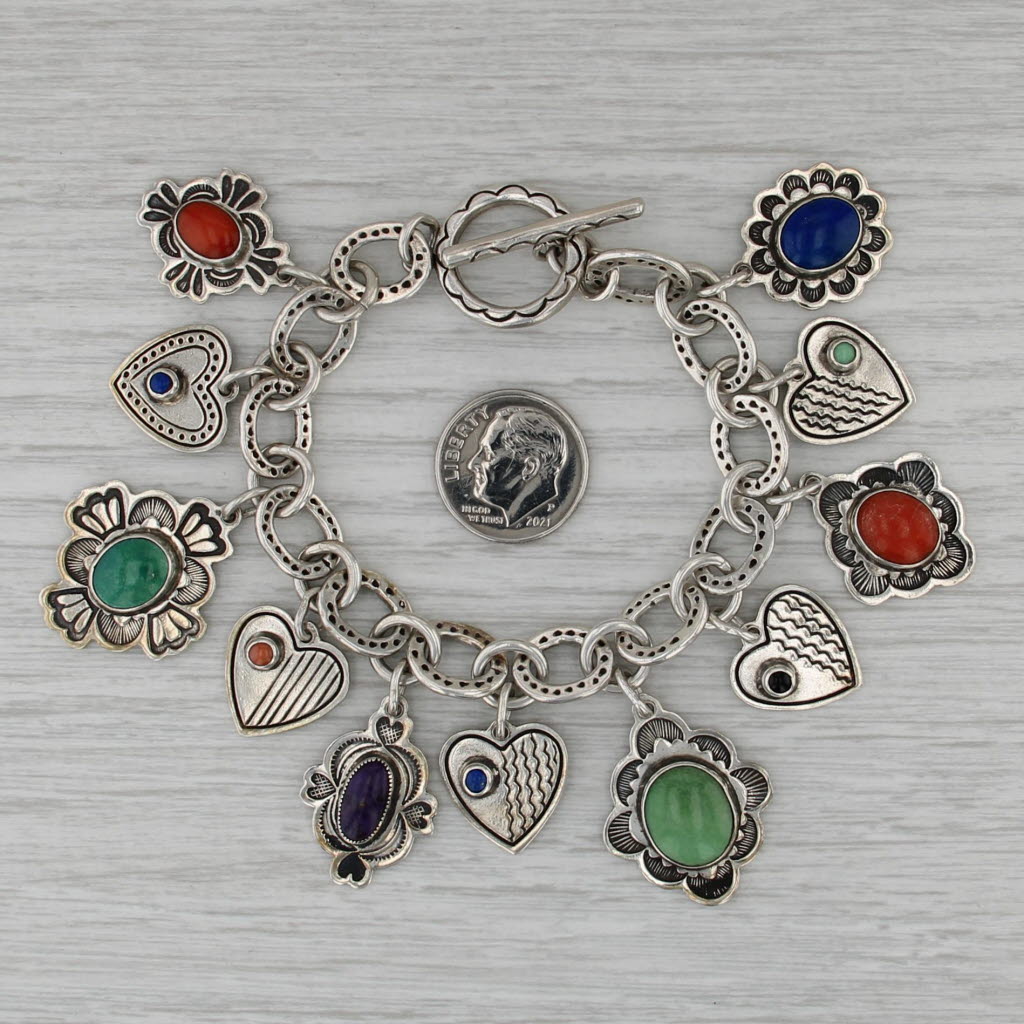 Don Lucas Multistone Hearts Flowers Charm Bracelet Sterling Silver 6.5"