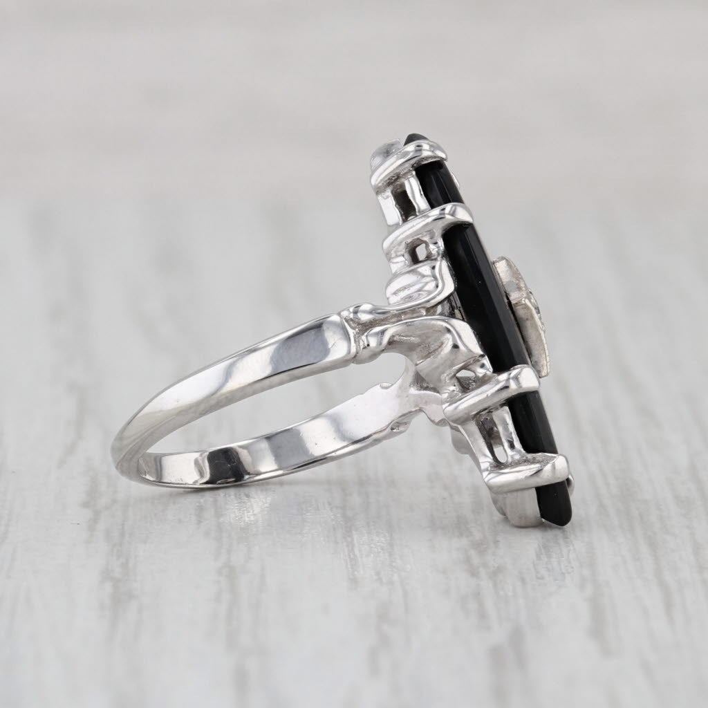 Marquise Onyx Signet Ring 10k White Gold Size 5.5 Diamond Accent
