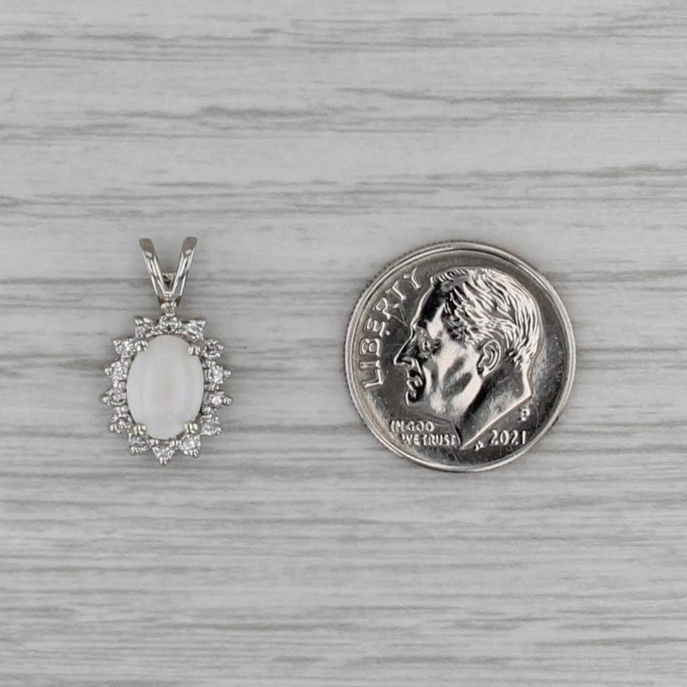 Oval Opal Cabochon Diamond Halo Pendant 14k White Gold Small Drop