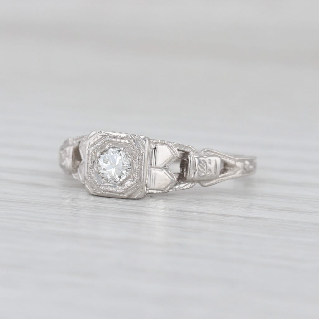 Vintage 0.14ct Transitional Cut Diamond Engagement Ring 18k White Gold Size 5