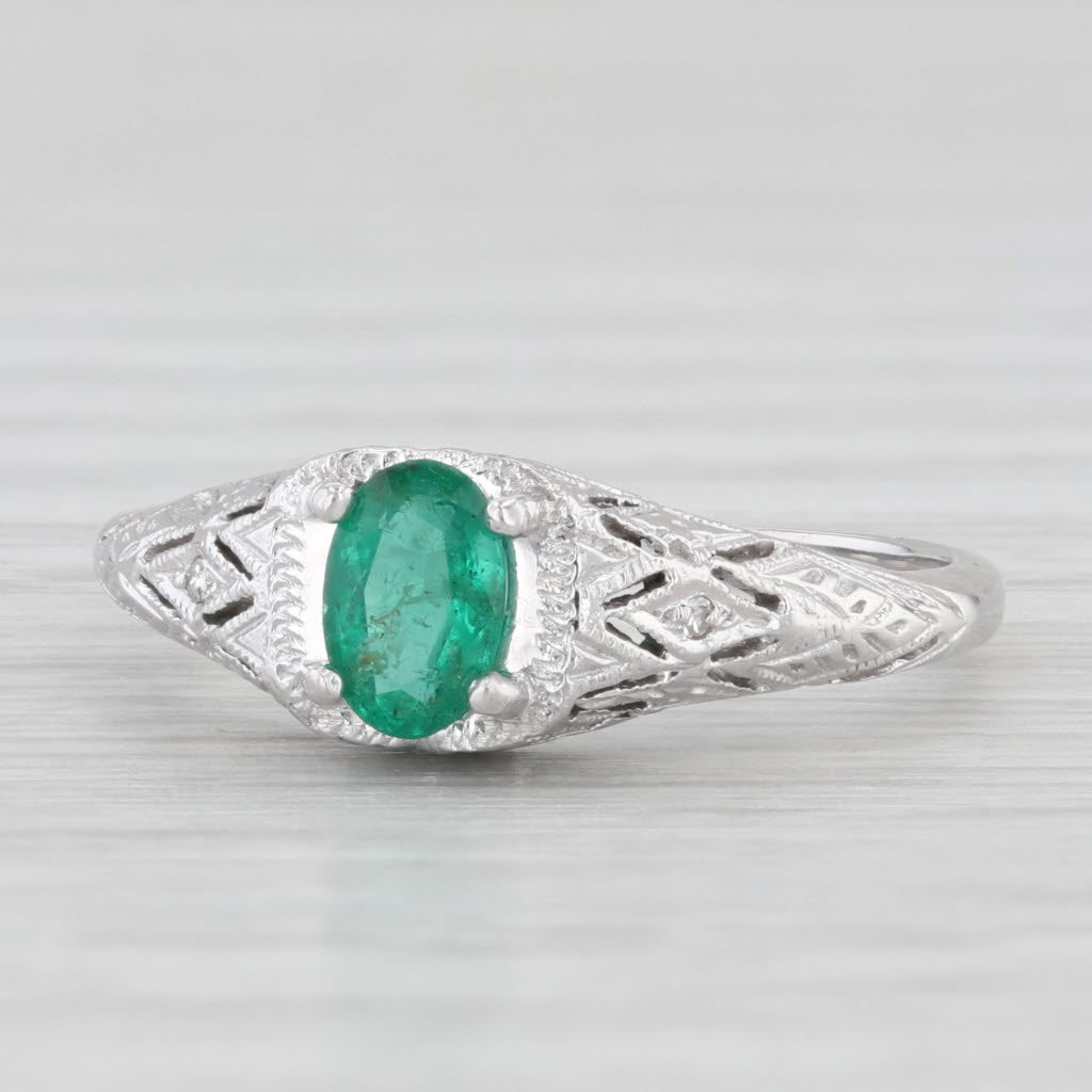 Light Gray 0.40ct Oval Emerald Solitaire Ring 14k White Gold Engagement Vintage Filigree