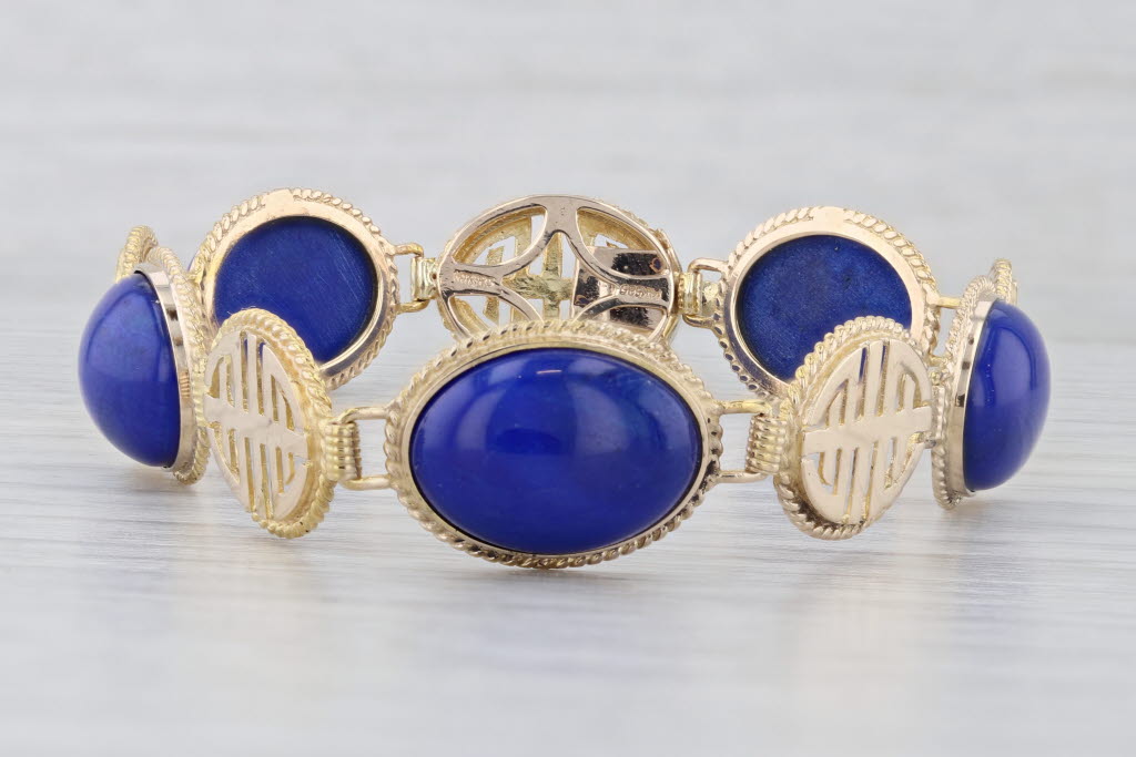Lapis Lazuli Cabochon Oval Link Bracelet 14k Yellow Gold 6.75" 12.2mm