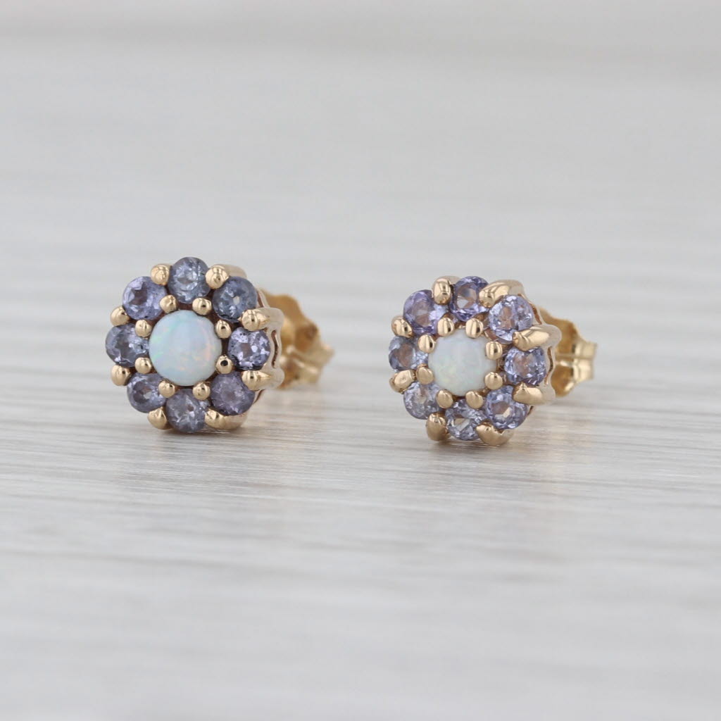 Opal Tanzanite Halo Stud Earrings 10k Yellow Gold Flower Studs