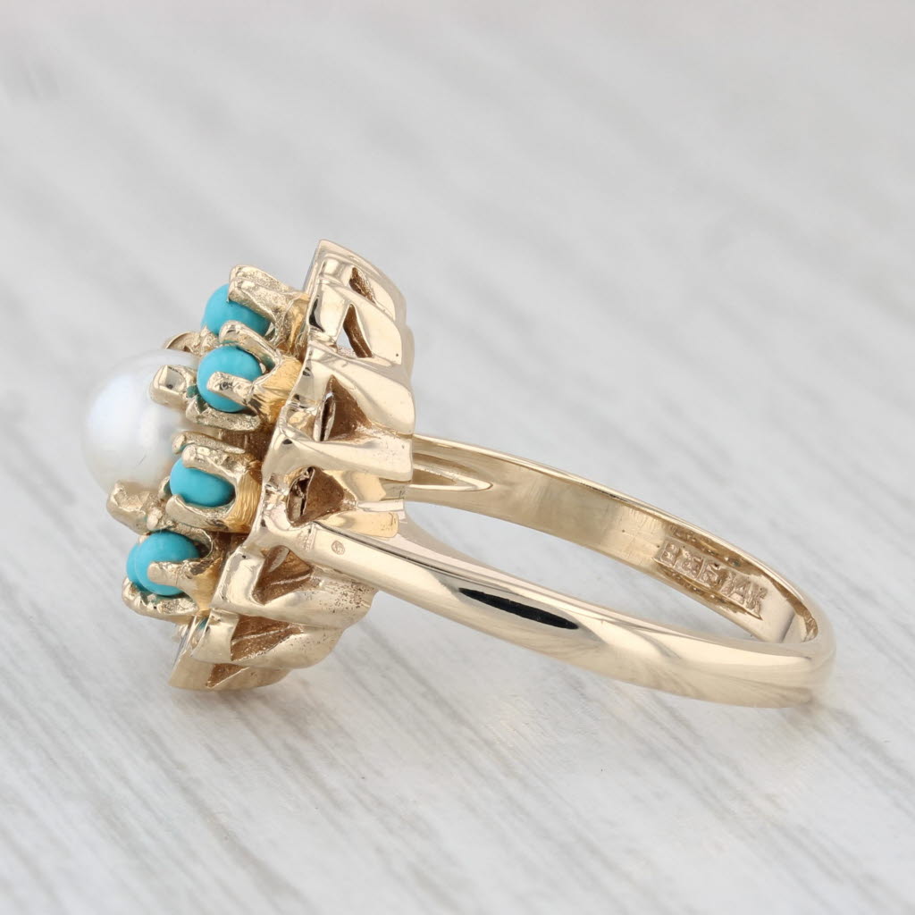 Light Gray Vintage Cultured Pearl Turquoise Cluster Flower Ring 14k Yellow Gold Size 6.75