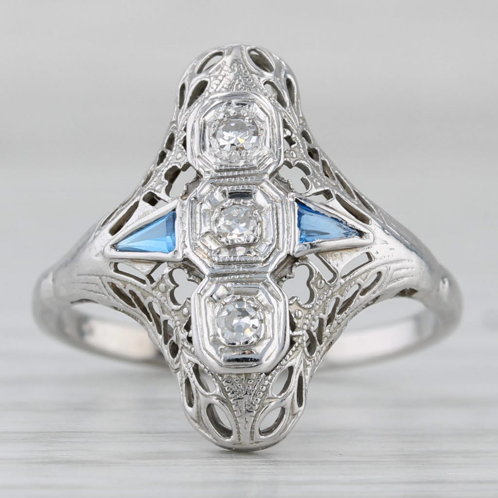 Gray Diamond Lab Created Sapphire Art Deco Ring 14k White Gold Filigree Size 5.75