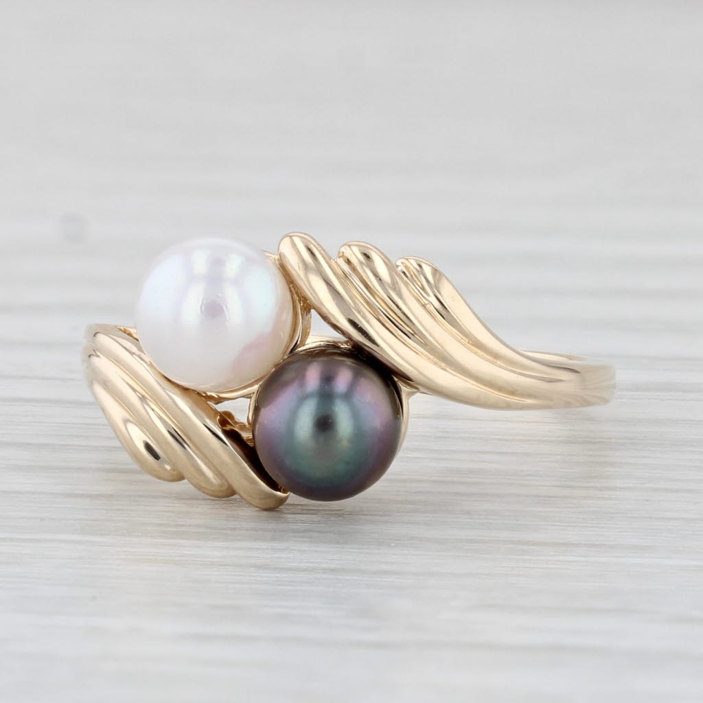 Light Gray Black White Cultured Pearl Bypass Ring 10k Yellow Gold Size 7.75