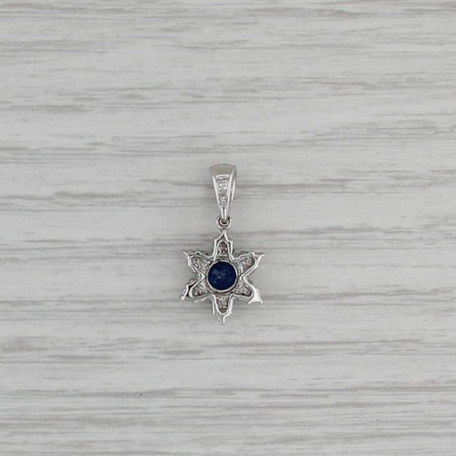0.78ctw Blue Sapphire Diamond Halo Flower Pendant 14k White Gold