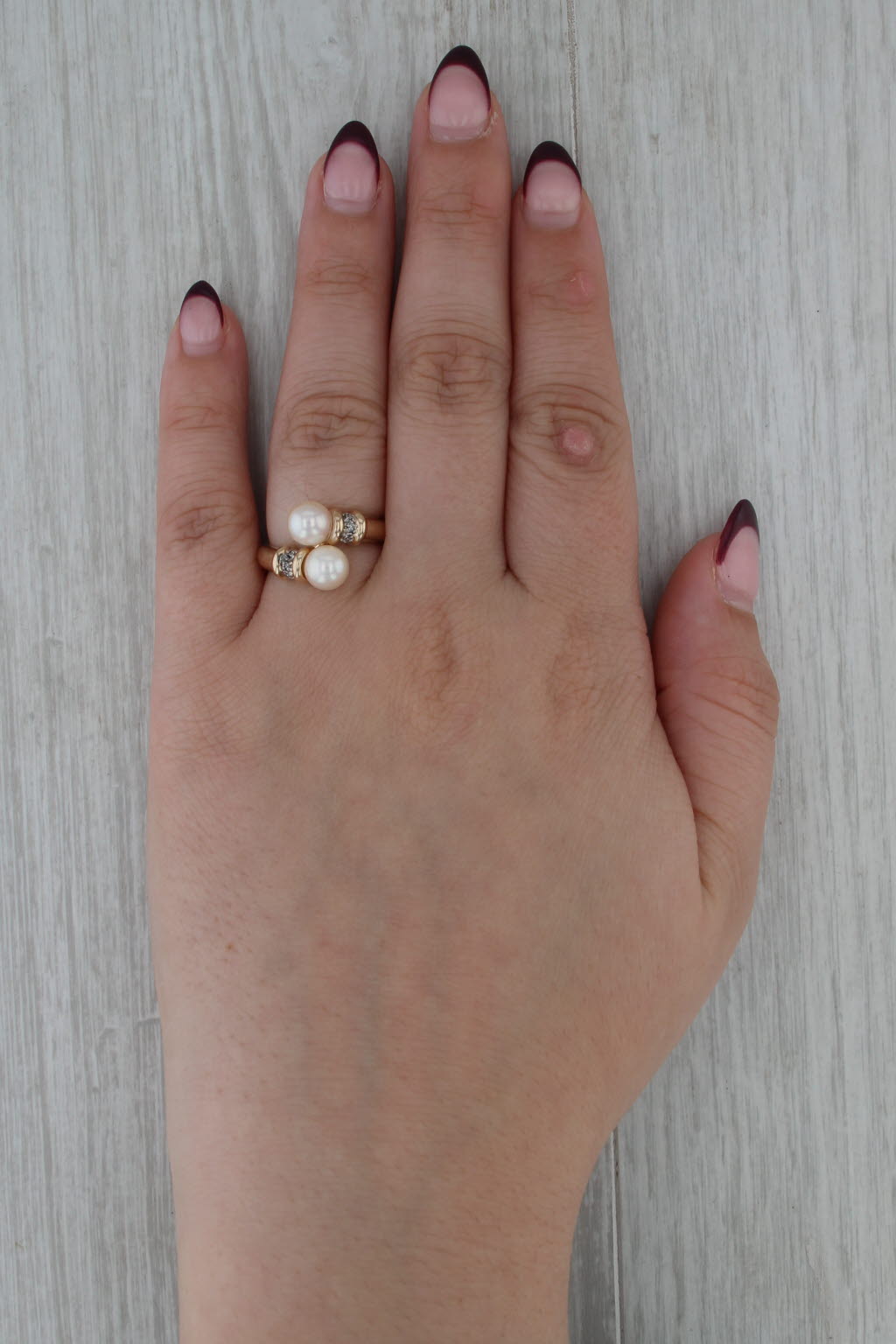 Cultured Pearl Bypass Ring 14k Yellow Gold Size 6.75 Diamond Accents