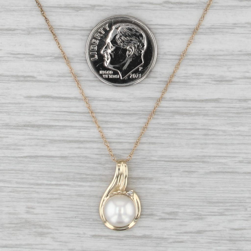 Cultured Freshwater Button Pearl Diamond Pendant Necklace 10k Gold 18.25"