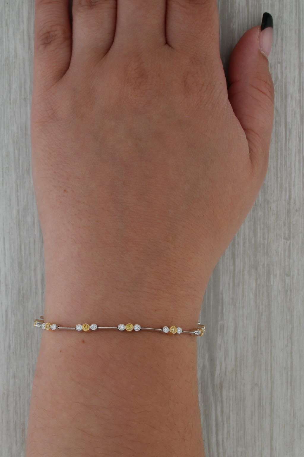 0.68ctw White Yellow Diamond Bracelet 18k White Yellow Gold 7.5" Bar Chain